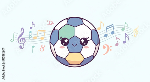 Cartoon Soccer Ball with Face Surrounded by Music Notes on White Background