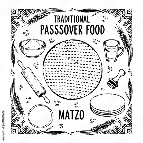 Line art illustration of matzo bread with rolling pin flour bowl and wheat for Passover holiday