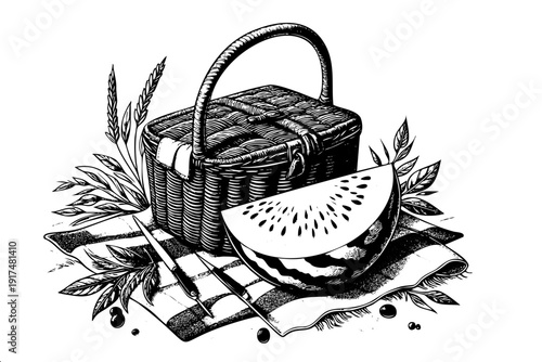 Detailed vintage engraving of wicker picnic basket with watermelon slice on checkered blanket