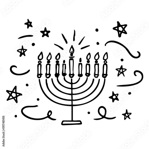 Playful doodle illustration of lit menorah with nine candles surrounded by Stars of David and swirls