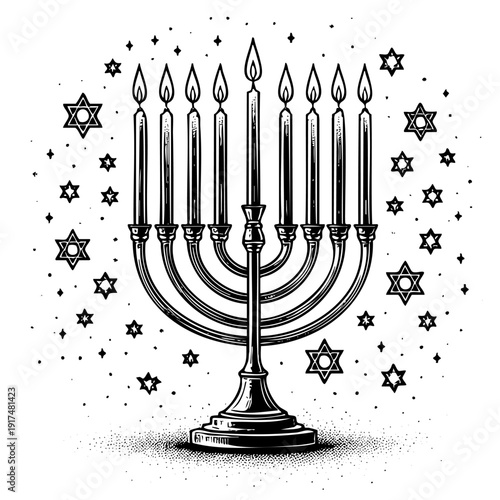 Ornate black and white engraving of nine branch menorah surrounded by multiple Stars of David