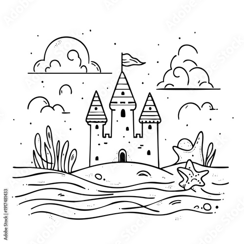 Line art beach scene with three tower sand castle flag starfish seashell and ocean waves
