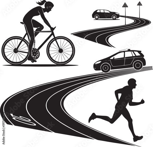 Black silhouette of cyclist runner and cars on winding roads woman cycling bicycle