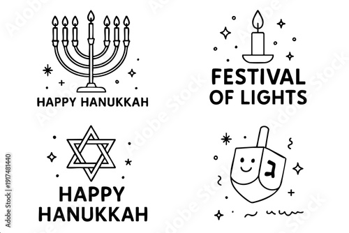 Four simple Hanukkah icons with menorah candle Star of David and cute smiling dreidel illustration