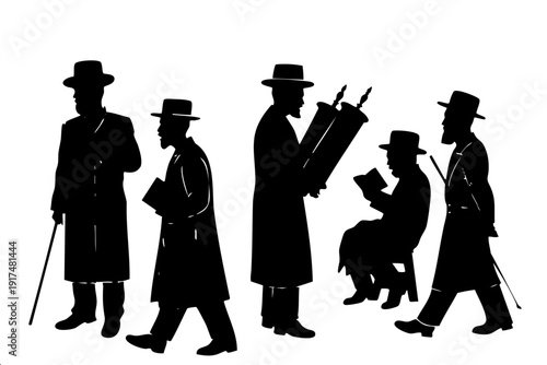 Black silhouettes of Hasidic Jewish men in traditional clothing for religious and cultural editorial projects. Ideal for synagogue publications, Jewish heritage materials, and educational content.