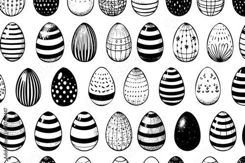 Monochrome Easter egg pattern with stripes, dots, and floral ornaments for spring holiday designs. Suitable for wrapping paper, textile prints, and seasonal packaging projects.