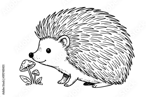 Adorable hedgehog line drawing with forest mushrooms for children coloring books and educational worksheets. Ideal for preschool activities, nature education, and kids craft projects.