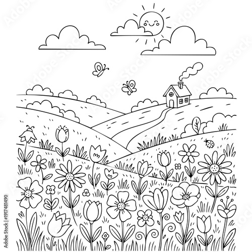 Idyllic countryside landscape with blooming flowers and farmhouse for nature themed coloring activities. Perfect for seasonal worksheets, gardening education, and rural lifestyle illustrations.