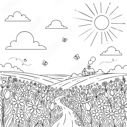 Countryside landscape with blooming wildflowers and rural cottage for nature themed coloring activities. Perfect for seasonal worksheets and relaxation coloring books.