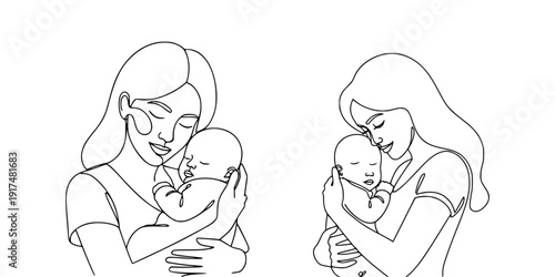 Minimalist Line Art Mother Holding Newborn Baby – Tender Maternity Love and Parenting Concept Illustration