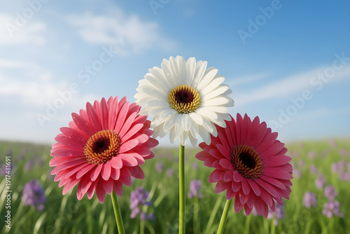 Three Beautiful Daisies Blooming in a Sunny Meadow Field