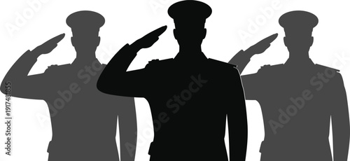 Military salute silhouette illustration set, soldier respect artwork, armed forces vector design, discipline graphic pack, honor symbol collection, black and white sketch