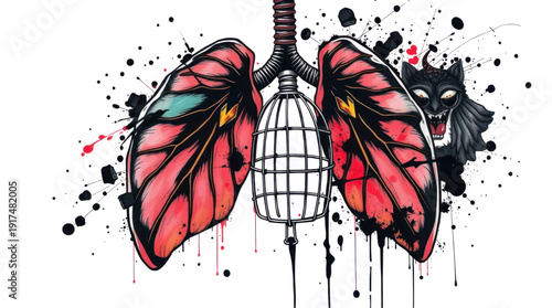 Lungs Designed as Butterfly Wings with a Birdcage and a Snarling Wolf Amid Paint Splatters