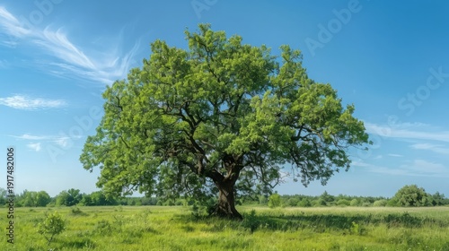 Wallpaper Mural Majestic old oak tree standing tall in a lush green meadow under a clear blue sky Torontodigital.ca