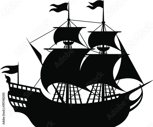Vintage sailing ship silhouette vector, old pirate galleon tall ship with sails maritime adventure nautical vessel isolated illustration