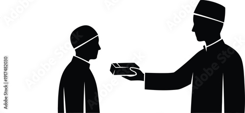 A silhouette of two men in traditional attire interacting with a device.