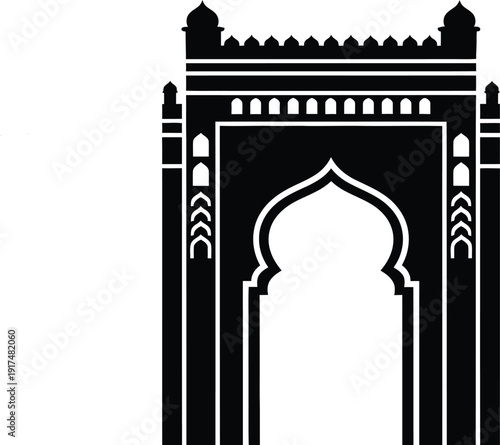 A minimalist illustration of an ornate doorway with intricate details and architectural elements.