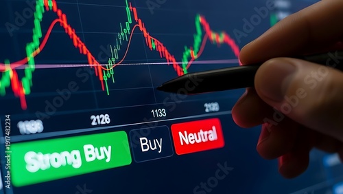 Hand holding stylus over stock market graph on screen with buy and sell buttons chart