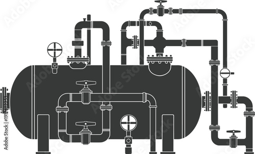 Industrial pressure tank system silhouette, pipeline valves gauges mechanical engineering equipment vector illustration isolated on white background