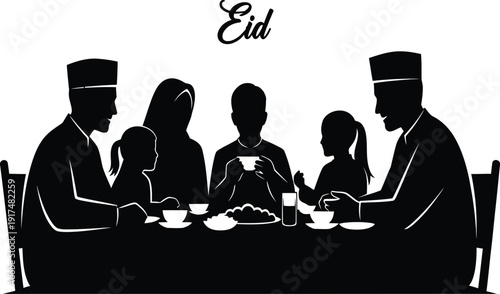 Family gathering during eid celebration with traditional attire and meal
