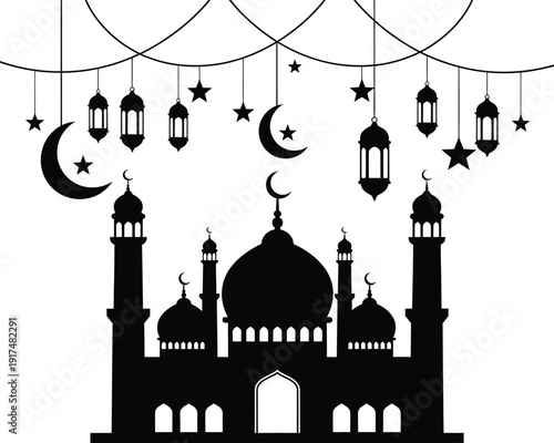 A beautiful mosque silhouette with crescent moon decorations and lanterns hanging from strings.