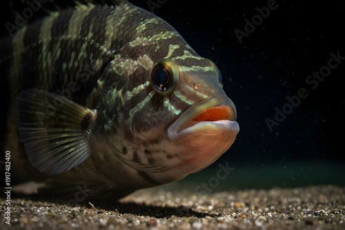 Closeup of a colorful fish with detailed scales and large eye in underwater environment