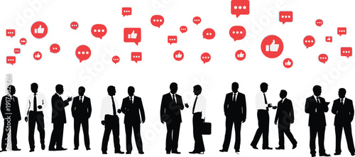 Business communication concept, professional people silhouettes with social media icons, networking feedback and online interaction, modern vector illustration
