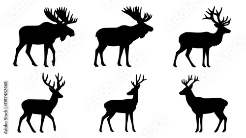 Set of deer silhouette vector illustrations featuring stag, reindeer, and wild antlered animals in black design
