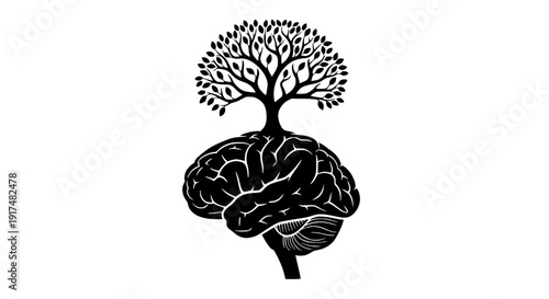 Illustration of a human brain merging with a tree symbolizing knowledge and growth viewed from the front