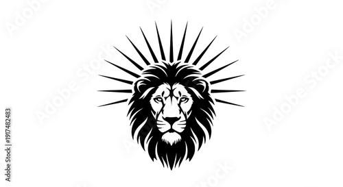 Majestic lion head illustration with sunburst rays emanating from behind, symbolizing strength and power in a striking black and white design