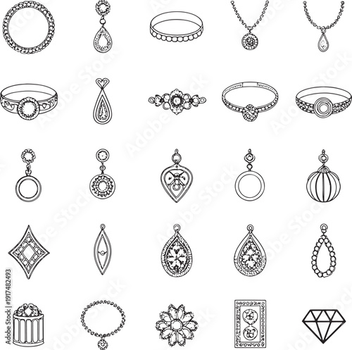 Collection of black and white line art jewelry designs including rings necklaces earrings and bracelets