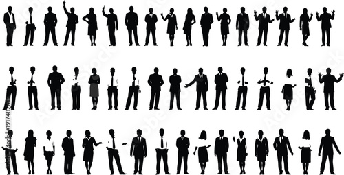 Business people silhouettes collection isolated on white background, featuring men and women in formal suits, standing, talking, presentation poses