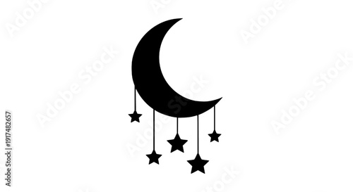Crescent Moon Mobile with Hanging Stars Illustration in Night Sky View