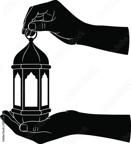 A pair of hands holding and adjusting a hanging lantern carefully.