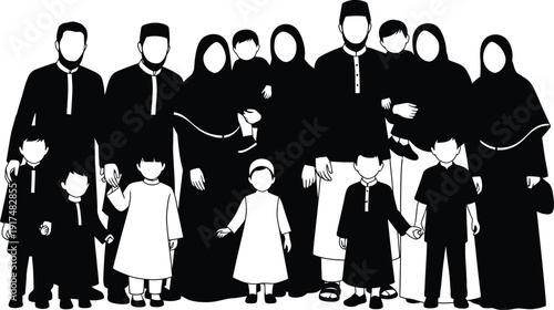 A black and white illustration of a large family standing together in formal attire.