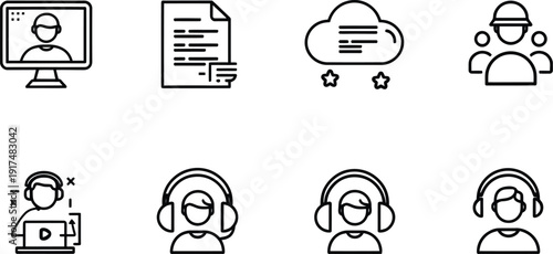 A collection of eight distinct black and white line art icons representing customer support virtual meetings cloud storage documentation and teamwork concepts for digital interfaces
