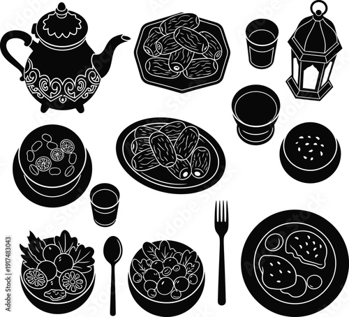 A collection of black and white dinnerware and utensils arranged neatly on a plain background.