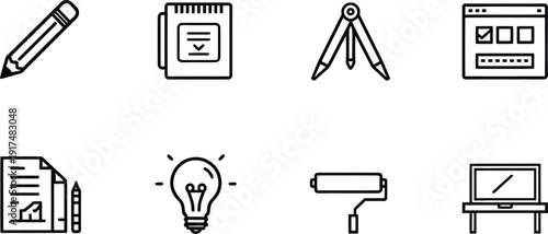 A collection of eight essential black outline icons representing creative design drafting planning development and technology tools for digital applications and presentations
