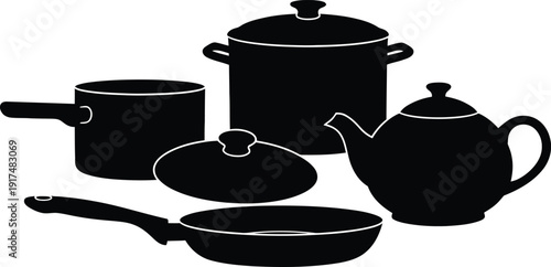 Black silhouette collection of kitchen cookware sets including saucepans stockpots frying pans and ceramic teapots isolated on white background.
