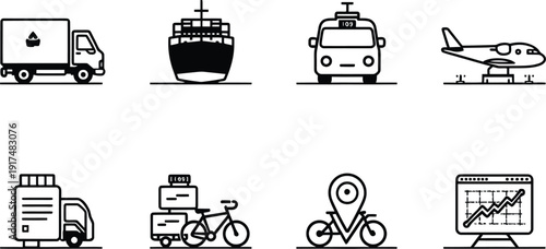 Collection of minimal black and white line art icons representing various modes of transportation shipping logistics and global delivery services for business application design