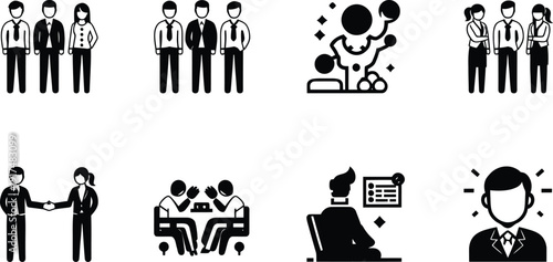 Collection of simple black and white line icons representing global business concepts including teamwork agreement shipping logistics and corporate headquarters symbols