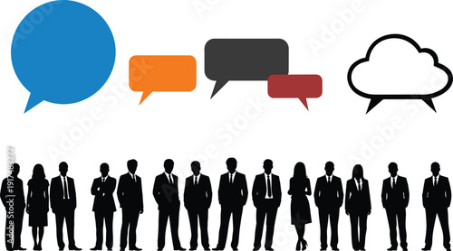Business people silhouettes with speech bubbles, corporate communication and discussion concept showing dialogue, teamwork and idea exchange isolated on white background