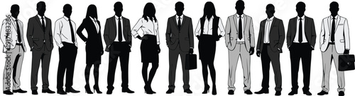 Business professionals silhouettes lineup, confident men and women in suits, corporate leadership and teamwork concept, modern vector illustration