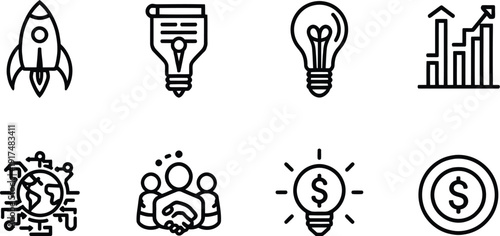 A collection of ten black line icons representing various scientific and technological concepts including laboratory equipment robotics artificial intelligence and innovation breakthroughs