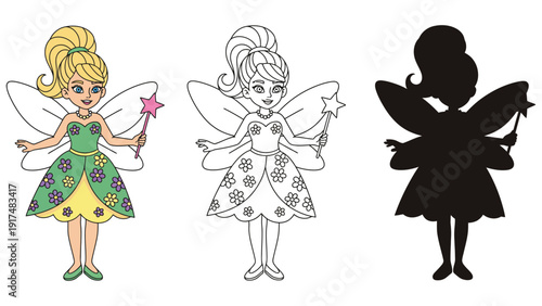 Three depictions of a fairy character: colored, outline, and silhouette.