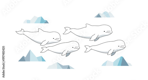 Group of whales swimming together in icy waters surrounded by mountains from an aerial viewpoint