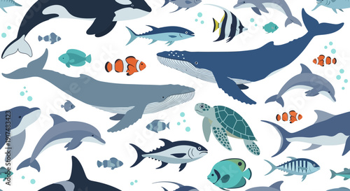 Diverse marine animals, including sharks, whales, fish, and turtles, swim together in the ocean, viewed from above with various species illustrated.