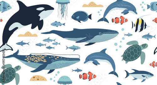 Diverse marine life including whales, orcas, and turtles in a vibrant ocean scene