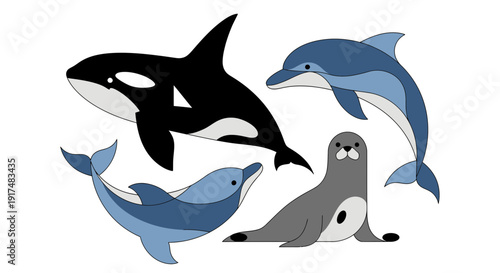 Illustration of marine animals including orca, dolphin, seal, and whale in various poses on a clean background