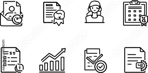 Collection of six simple black and white line icons illustrating core financial concepts like investment growth money savings exchange and business partnership success